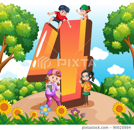 Four kids with number four cartoon 90028984