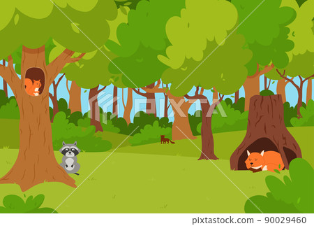Forest landscape with wild animals sitting inside of tree hollow or nest, flat vector illustration. 90029460