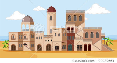 Scene with brown buildings in desert 90029663