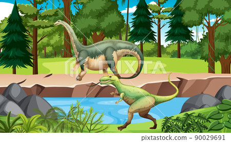 Prehistoric forest background with dinosaur cartoon Prehistoric forest background with dinosaur cartoon 90029691