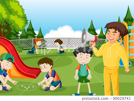 Outdoor park with children playing marbles Outdoor park with children playing marbles 90029741