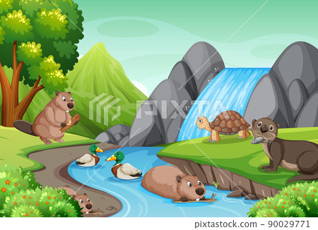 Waterfall in the forest with wild animals 90029771