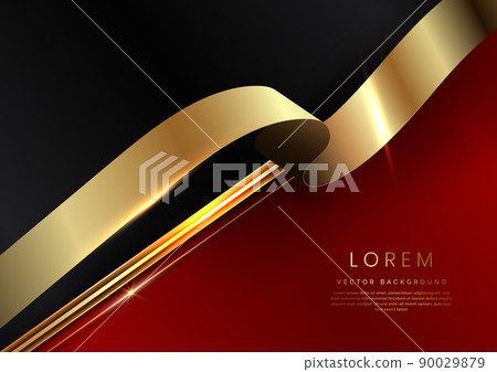 Abstract 3d template diagonal red and black with gold ribbon lines background. Luxury concept with copy space for text. 90029879