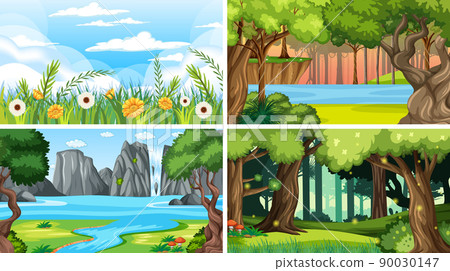 Nature scene with many trees and river 90030147