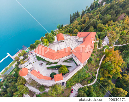 Aerial panoramic view of Lake Bled and the castle of Bled, Slovenia, Europe. Aerial drone photography 90030271