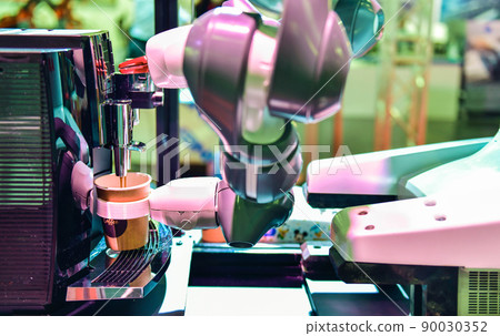 Automatic technology in beverage shop, artificial intelligence, robotic arm serving in coffee shop. Automatic technology in beverage shop, artificial intelligence, robotic arm serving in coffee shop. 90030352