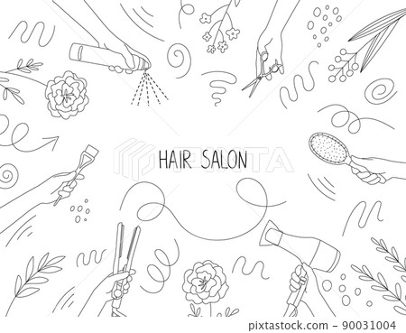Frame of hairdressing tools in hands of stylist. Hair salon accessories, hair dryer, comb, scissors and doodle. Template for design, information, business card Frame of hairdressing tools in hands of stylist. Hair salon accessories, hair dryer, comb, scissors and doodle. Template for design, information, business card 90031004
