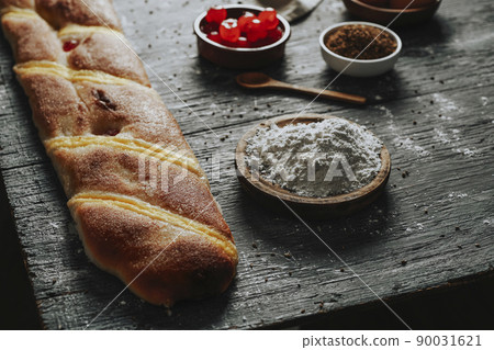 preparing catalan sweet cake coca de sant joan preparing catalan sweet cake coca de sant joan 90031621