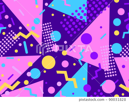 Memphis seamless pattern with geometric shapes in 80s style. Colorful geometric pattern. Design of promotional products, wrapping paper and printing. Vector illustration Memphis seamless pattern with geometric shapes in 80s style. Colorful geometric pattern. Design of promotional products, wrapping paper and printing. Vector illustration 90031828