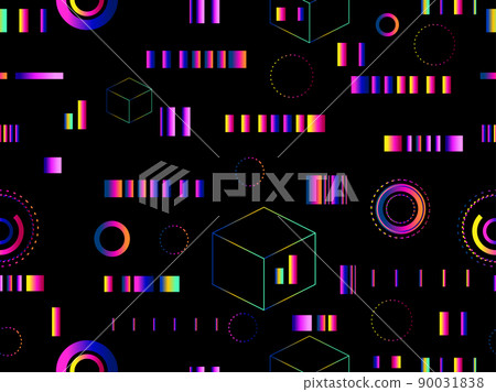 Geometric seamless pattern in cyberpunk style. Gradient futuristic geometric shapes in 80s style. Synthwave and retrowave design for banners, promotional products and posters. Vector illustration Geometric seamless pattern in cyberpunk style. Gradient futuristic geometric shapes in 80s style. Synthwave and retrowave design for banners, promotional products and posters. Vector illustration 90031838