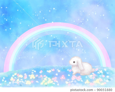夜晚的彩虹和花田 耳朵下垂的白兔 90031880