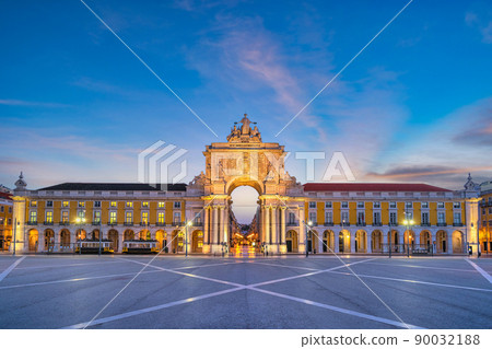 Lisbon Portugal night city skyline at Arco da Rua Augusta and Commerce Square 90032188