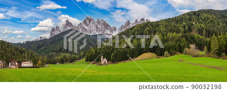 Dolomites Alp mountain panorama landscape at Santa Maddalena village in spring season, St. Magdalena Italy 90032198