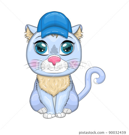 Cartoon cat in a hat with flowers. Summer, vacation. Cute child character, symbol of 2023 new chinese year. Cartoon cat in a hat with flowers. Summer, vacation. Cute child character, symbol of 2023 new chinese year. 90032439