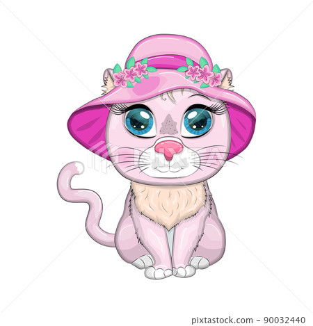 Cartoon cat in a hat with flowers. Summer, vacation. Cute child character, symbol of 2023 new chinese year. Cartoon cat in a hat with flowers. Summer, vacation. Cute child character, symbol of 2023 new chinese year. 90032440