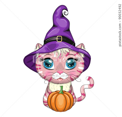 Cartoon cat in purple witch hat with broom, pumpkin, potion. Halloween character, poster. Cute child character, symbol of 2023 new chinese year Cartoon cat in purple witch hat with broom, pumpkin, potion. Halloween character, poster. Cute child character, symbol of 2023 new chinese year 90032492