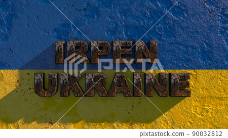 The inscription in rusty letters IRPEN Ukraine on the Ukrainian flag. Russian aggression 3d renering The inscription in rusty letters IRPEN Ukraine on the Ukrainian flag. Russian aggression 3d renering 90032812