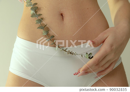 Cropped image of slim female body, belly with plant twig isolated over grey studio background. Taking care after female health Cropped image of slim female body, belly with plant twig isolated over grey studio background. Taking care after female health 90032835