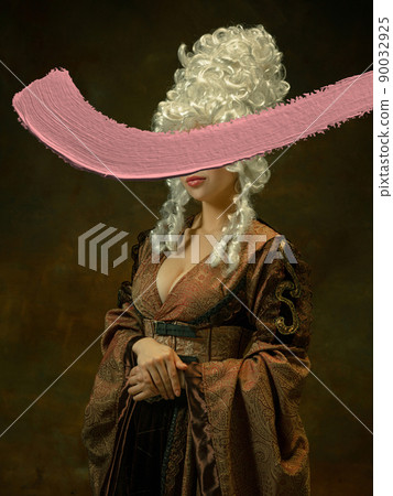 Creative artwork. Portrait of girl in image of medieval viscountess with pink stroke of watercolor paint over dark background. Contemporary art, eras comparison concept 90032925