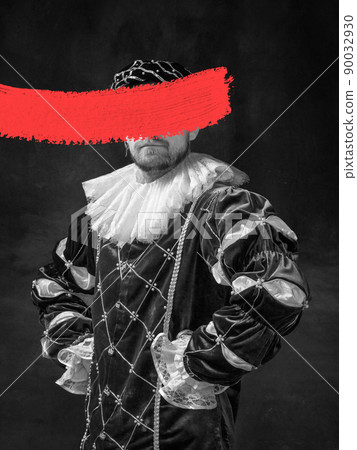 Modern artwork with vintage portrait of historical governor from golden age with corrugated round collar and stroke of brown paint on his face. Eras comparison Modern artwork with vintage portrait of historical governor from golden age with corrugated round collar and stroke of brown paint on his face. Eras comparison 90032930