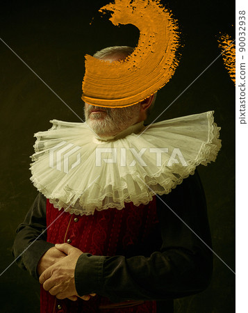 Modern artwork with vintage portrait of historical governor from golden age with corrugated round collar and stroke of brown paint on his face. Eras comparison 90032938