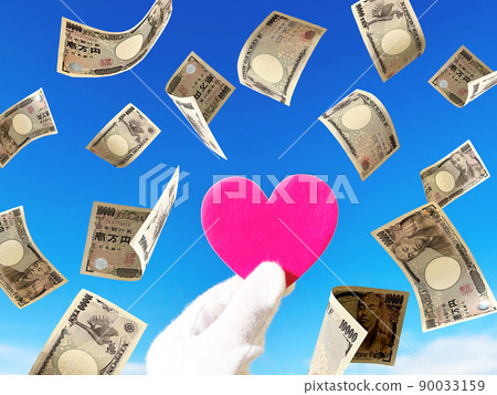 Hands of white gloves with heart parts and many 10,000 yen bills scattered _ blue sky background 90033159