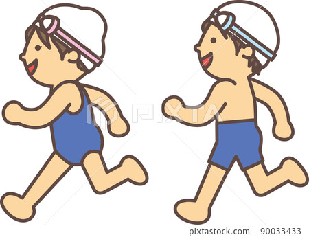 Boys and girls running happily in school swimsuits Boys and girls running happily in school swimsuits 90033433