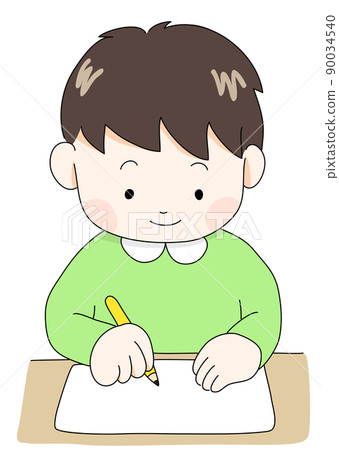 A boy who goes to the desk in the correct posture and writes with a pencil (color, neutral color, genderless color) A boy who goes to the desk in the correct posture and writes with a pencil (color, neutral color, genderless color) 90034540
