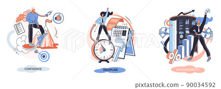 Personal quality concept vector illustrations set. Confidence, accountability and discipline. Creative metaphor Personal quality concept vector illustrations set. Confidence, accountability and discipline. Creative metaphor 90034592