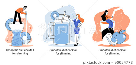 Green smoothie as healthy diet cocktail for slimming tiny person concept. Vegan detox food metaphor 90034778
