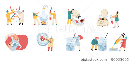 Antivirus vaccine. Scientists conducting scientific researches team of laboratory assistants with test tubes scenes set 90035695