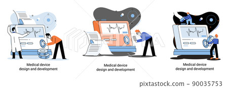 Medical device design and development banner with scientist develop equipment and experiment metaphor 90035753
