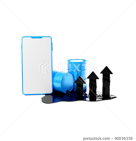 smartphone near falling blue oil tank causing oil ,3D rendering 90036356