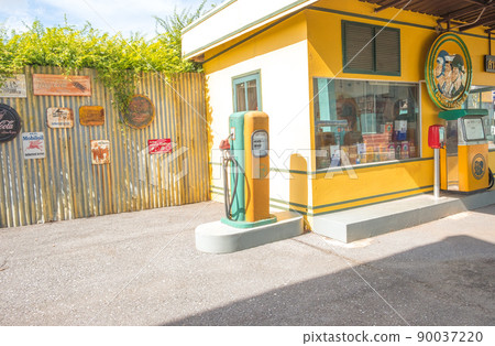 gas station pumps. Old Vintage technology Fuel Dispenser fossil fuel energy for car vehicle transportation. 90037220