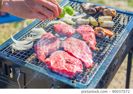 Close-up of barbecue that spices meat to be grilled outdoors on a wire mesh 90037872