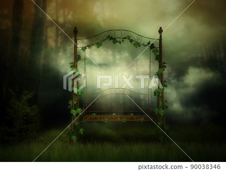Foggy forest and metal swing 90038346