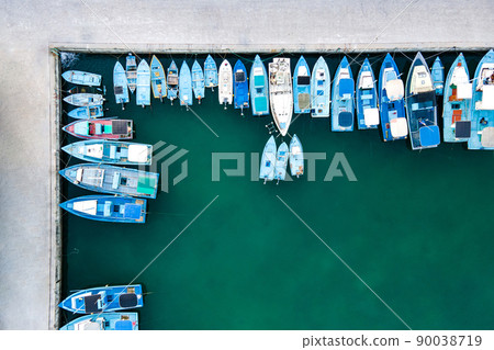 Aerial view of boat at Fuvahmulah Harbour, Maldives 90038719