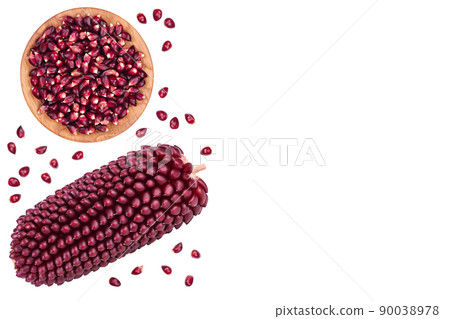 Purple corn or maize with seeds isolated on white background. Top view with copy space for your text. Flat lay. Purple corn or maize with seeds isolated on white background. Top view with copy space for your text. Flat lay. 90038978