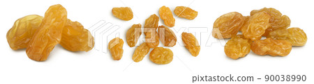 Yellow raisin isolated on white background with clipping path. Top view. Flat lay. Set or collection Yellow raisin isolated on white background with clipping path. Top view. Flat lay. Set or collection 90038990