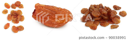 Brown raisin isolated on white background with clipping path. Top view. Flat lay. Set or collection Brown raisin isolated on white background with clipping path. Top view. Flat lay. Set or collection 90038991