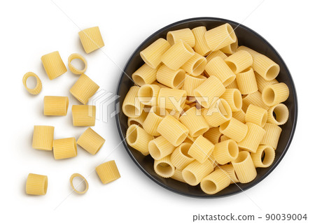 raw italian pasta in ceramic bowl isolated on white background with clipping path . Mezze Maniche Rigate Bronze die. Top view. Flat lay. raw italian pasta in ceramic bowl isolated on white background with clipping path . Mezze Maniche Rigate Bronze die. Top view. Flat lay. 90039004