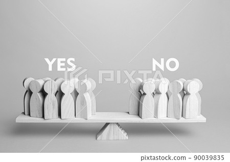 Voting yes or no. People are divided in opinion on the scales. Advantages and disadvantages. Political democratic elections. Divide into opposing factions. Public question. Referendum. Exit poll. Voting yes or no. People are divided in opinion on the scales. Advantages and disadvantages. Political democratic elections. Divide into opposing factions. Public question. Referendum. Exit poll. 90039835