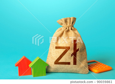 Polish zloty money bag and small houses. Bank offer of mortgage loan. Investments in real estate. Sale of housing. Buy. Rental business. Fair market price. Property appraisal, realtor services. Polish zloty money bag and small houses. Bank offer of mortgage loan. Investments in real estate. Sale of housing. Buy. Rental business. Fair market price. Property appraisal, realtor services. 90039861