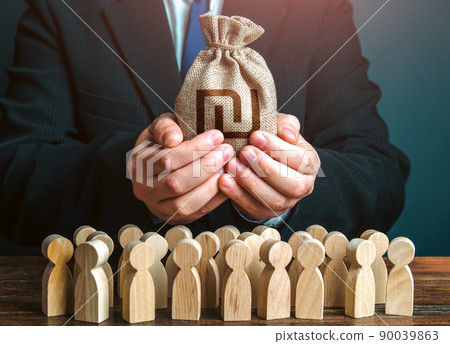 Businessman holds out a israeli shekel money bag to the crowd. Financial support. Tax collection. Compensation payments. Providing money, paying salaries and grants. Official. Staff maintenance. Businessman holds out a israeli shekel money bag to the crowd. Financial support. Tax collection. Compensation payments. Providing money, paying salaries and grants. Official. Staff maintenance. 90039863