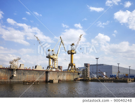 Shipyard in Szczecin seen from the water, Poland. 90040248