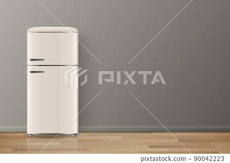 Vector Banner with 3d Realistic Glossy Beige Retro Vintage Fridge. Vertical Simple Refrigerator. Closed Fridge. Design Template, Mockup of Fridge. Front View Vector Banner with 3d Realistic Glossy Beige Retro Vintage Fridge. Vertical Simple Refrigerator. Closed Fridge. Design Template, Mockup of Fridge. Front View 90042223