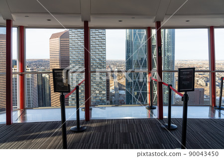 Calgary, AB, Canada - March 14 2022 : Interior lobby the observation deck of Calgary Tower. Calgary, AB, Canada - March 14 2022 : Interior lobby the observation deck of Calgary Tower. 90043450