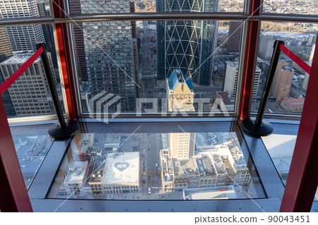 Calgary, AB, Canada - March 14 2022 : Interior lobby the observation deck of Calgary Tower. Calgary, AB, Canada - March 14 2022 : Interior lobby the observation deck of Calgary Tower. 90043451