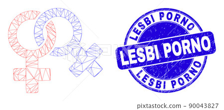 Blue Scratched Lesbi Porno Stamp and Web Mesh Lesbian Symbol 90043827