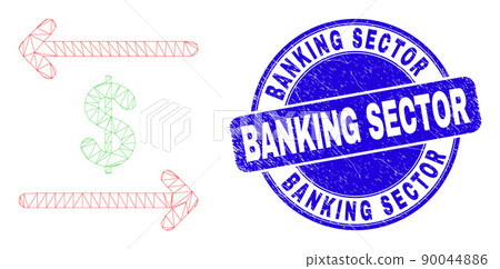 Blue Grunge Banking Sector Stamp Seal and Web Carcass Dollar Exchange Arrows 90044886